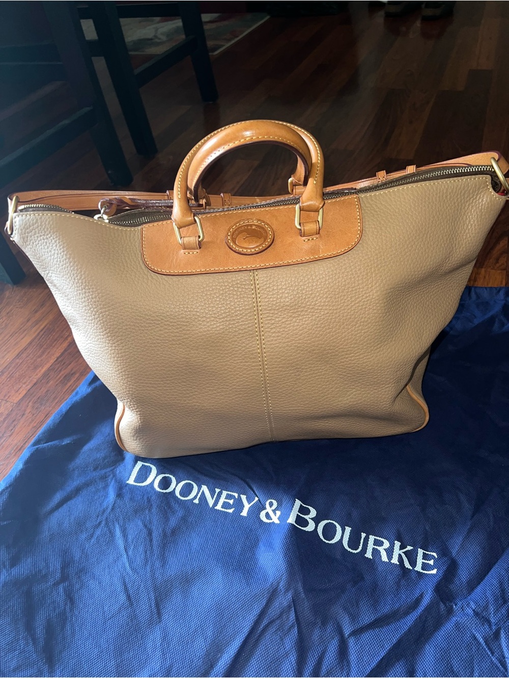Dooney & Bourke Beige Leather Tote with Tan Trim